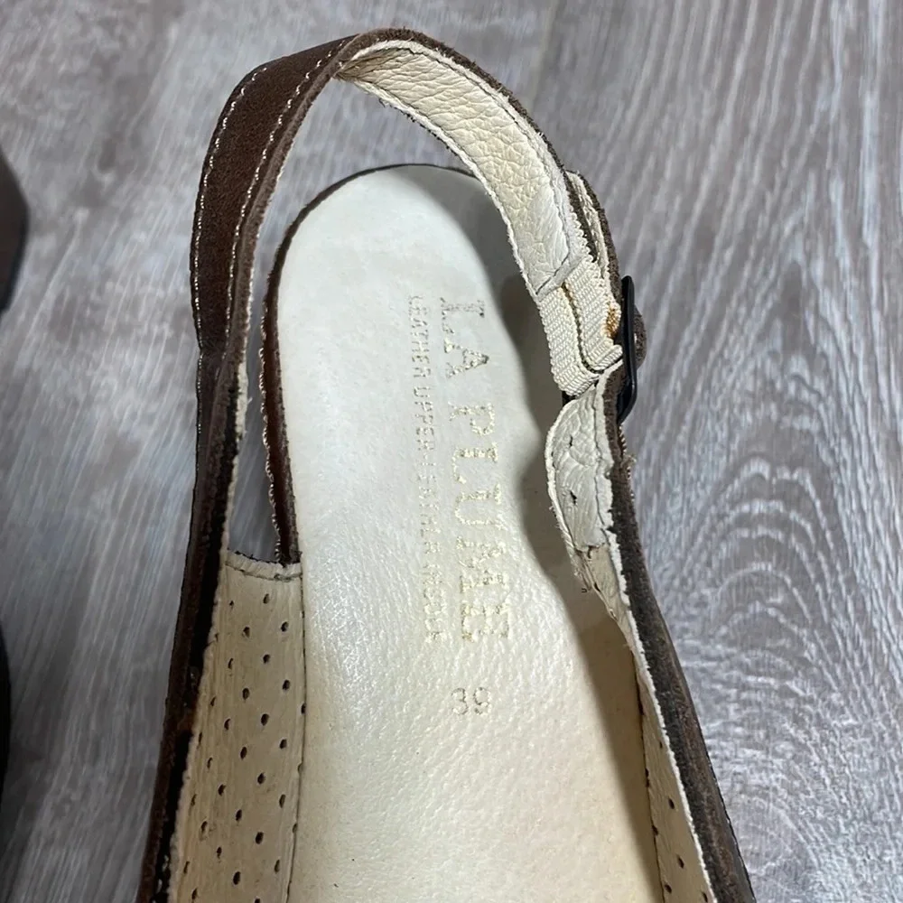 La Plume Leather Brown Slingback Wedge Open Toe Sandals 39 (9 US)